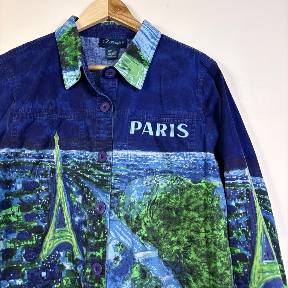 Vintage Paris Painting Purple Cotton Jean Jacket Artsy Artscapes Novelty Travel - Picture 3 of 9